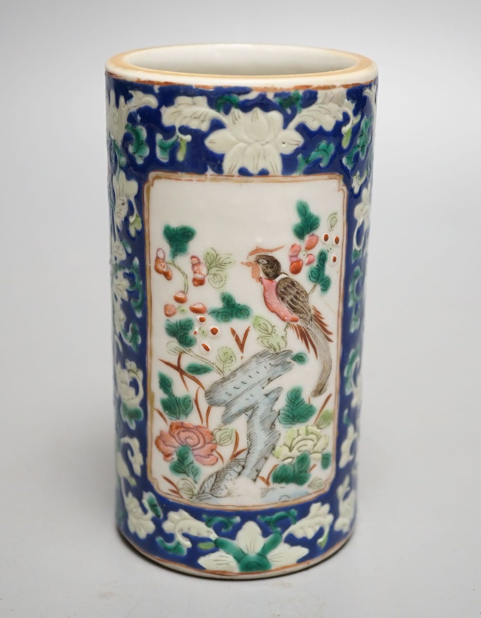 A 19th century famille rose brush pot - 12.5cm